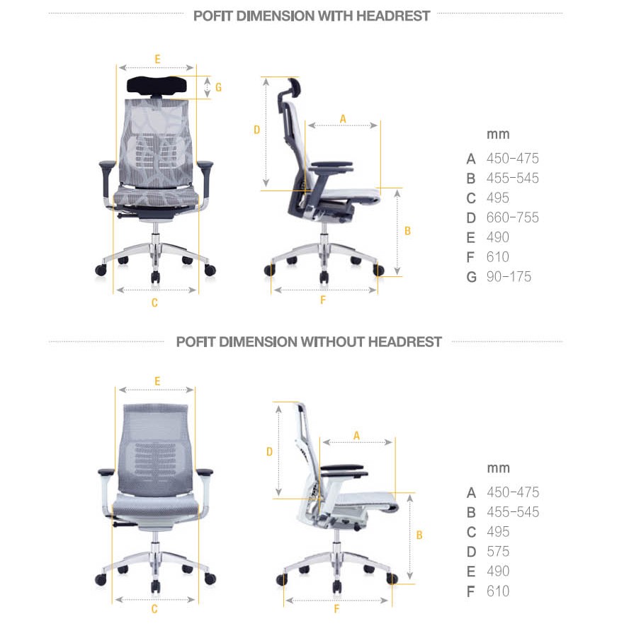 Размеры анатомического кресла POFIT. Источник kreslalux.ua
